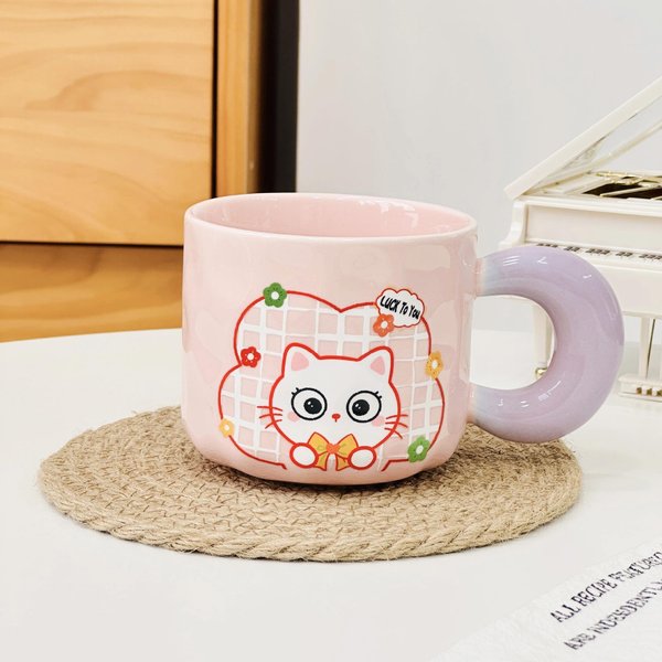 MałY ŚWieżY Kot Ceramiczny Kubek Do UżYtku Domowego Wysoka Wartość KreskóWkowy Kubek Z Pokrywką ŁYżEczka PamiąTka ŚLubna Prezent Kubek 420ML Beige-image
