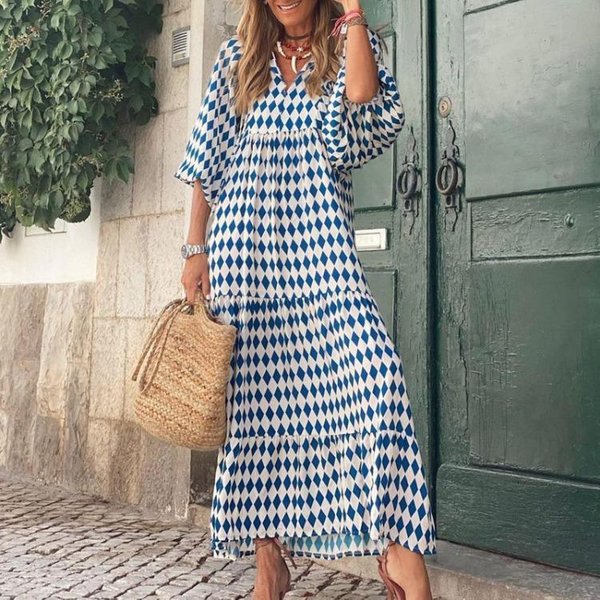 Vestido de Playa de Verano Estampado Floral Bohemio Largo Holgado Cuello En V Moda Mujer L Azul-image