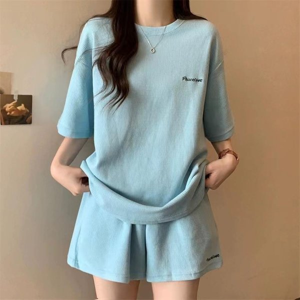 Conjunto Deportivo De Pantalones Cortos Para Mujer Verano Estudiante Suelto Estilo Hong Kong Moda Casual Waffle Conjunto De Dos Piezas Nuevo Estilo 2XL Gray-image