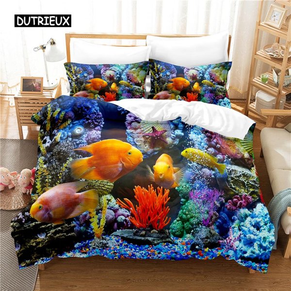 Podwodny ŚWiat 3D PośCiel Rozmiar KróLewski Poszewka Na KołDrę Nadruk Cyfrowy PośCiel Modny Design Motyw Oceaniczny WystróJ Sypialni AU Queen(210X210Cm)-image