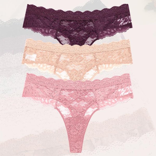 3 Szt. Koronkowe Seksowne Stringi Damskie Majtki Z Niskim Stanem Seksowna MięKka Damska Bielizna Modne Kwiatowe Majtki Damskie Kwieciste Majtki Bielizna Xl&3Pcs Pink-image