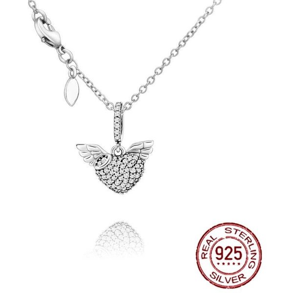 925 Sterling Silver Pave Heart & Angel Wings Naszyjnik Strzelanie Naszyjnik Kobiety Kobieta BiżUteria Luksusowy BłYszcząCy Prezent Dziewczyna White-image