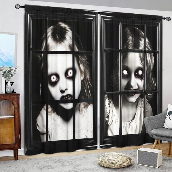 2 Szt. PrzerażAjąCa Dziewczyna W Oknie Drukowana ZasłOna Do Dekoracji Domu - Kieszeń Na Karnisz Dekoracja Okna Do Sypialni, Biura, Kuchni 107Cmx160Cm X 2Pcs-image
