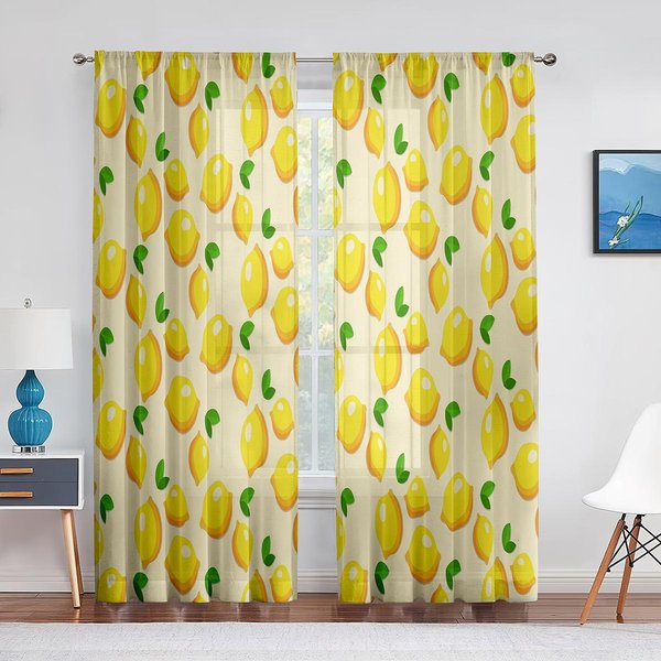 Cortinas Transparentes De Fruta LimóN Amarillo Y Hojas Verdes Tratamiento De Ventana Para Cocina Sala De Estar Dormitorio DecoracióN Cortinas Modernas De Tul 1 PCS W100Xh250Cm&Grommet Top-image