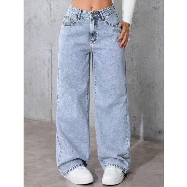 Jeans Rectos De Cintura Alta Para Mujer, Pantalones Vaqueros Anchos Holgados, Jeans EláSticos Lavado ÁCido Azul Claro Con Bolsillos, Pantalones Casuales Para Oficina XL Azul Claro-image