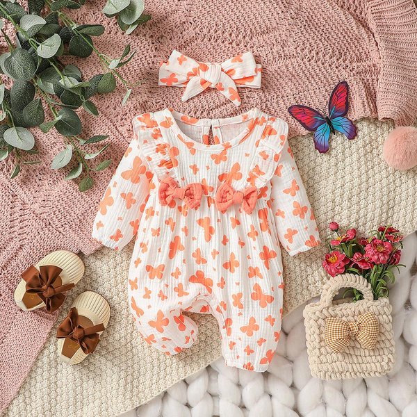 Mono Floral Estampado De Manga Larga Para Bebé NiñA Todas Las Estaciones Con Lazo Ropa Diaria Para ReciéN Nacido-6M + Diadema 0-1M White-image