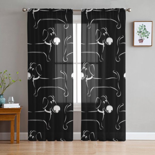 Cortinas TraslúCidas De Perros De Dibujos Animados Lindos Para Sala De Estar Tratamientos Transparentes De Tul Para Ventanas Dormitorio Cocina DecoracióN Del Hogar Visillos 135W X 114H(Cm) Gray-image