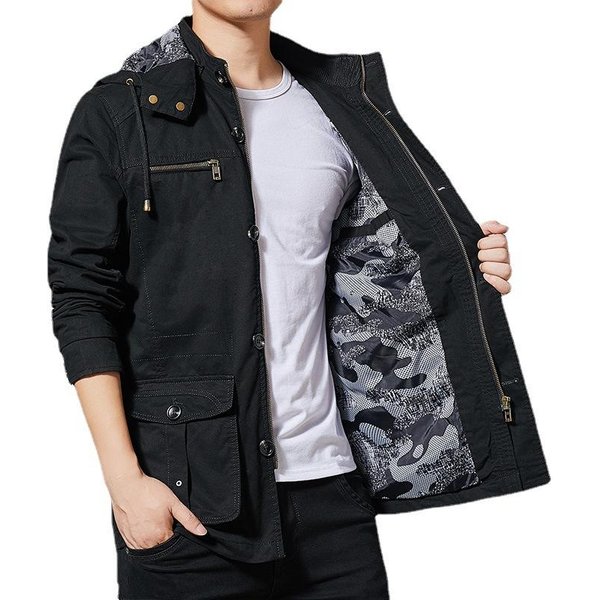 Chaqueta Nueva De OtoñO E Invierno Para Hombre Con MúLtiples Bolsillos Chaqueta De Trabajo De Longitud Media Cortavientos De AlgodóN Puro Lavado 5XL Gray-image