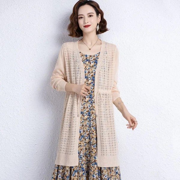 Chaqueta CáRdigan De Verano De Punto De Seda De Hielo De Longitud Media, Top Holgado, Chal Fino Calado De ProteccióN Solar 3XL Beige-image