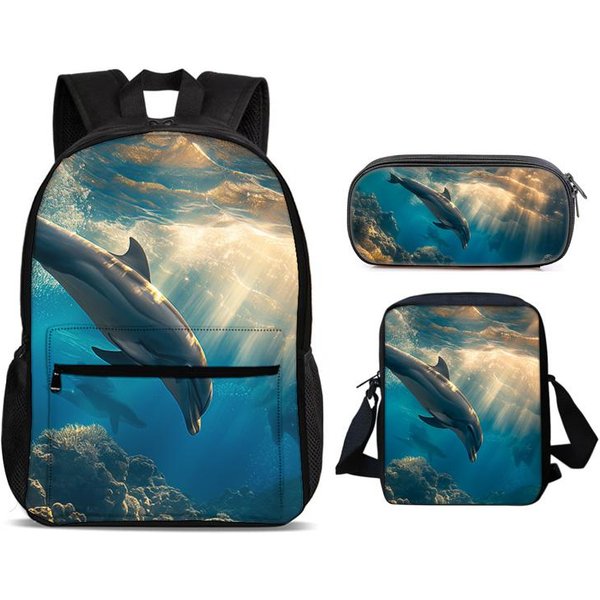 Mundo Submarino Mochila Estuche Bolso De Hombro Set De 3 Piezas VersáTil Dibujos Animados Gran Capacidad NiñO Y NiñA Escuela CumpleañOs Mejor Regalo Gray-image