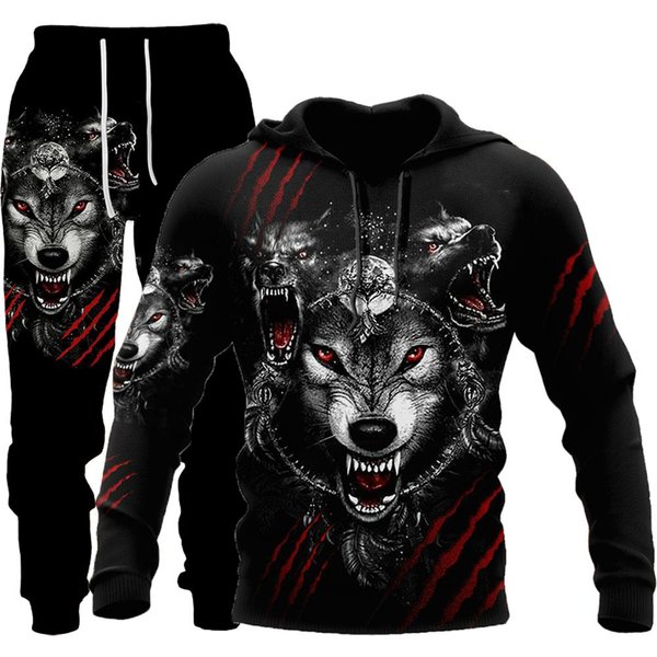 Wilk 3D Bluza Z Kapturem Z Nadrukiem Odzież Garnitur Spodnie Garnitur MęSki Wiosenny I Jesienny LuźNa Bluza Pulower Dres MęSki Zestaw Moda MęSka 4XL Black-image