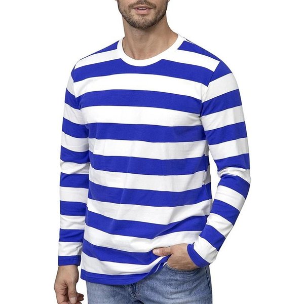 MęSki Klasyczny Casualowy Top Z DłUgim RęKawem I OkrąGłYm Dekoltem W Poziome Paski, MięKki Podstawowy Codzienny T-Shirt Z DłUgim RęKawem I OkrąGłYm Dekoltem XL Blue-image