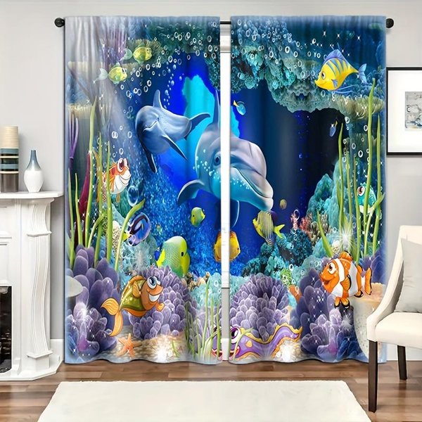 2 Szt. ZasłOny Z Motywem Oceanu I Wzorem Ryb, Dekoracyjne ZasłOny Okienne Z Tunelem Na Karnisz, Dekoracje Okienne Do Sypialni, Salonu, Wystroju Domu 140W160H(Cm)55X63In&Grommet Top-image