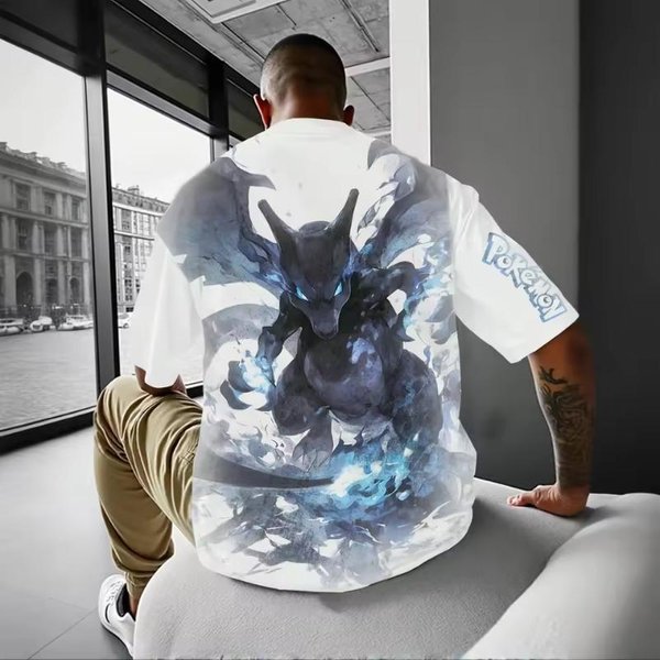 Camiseta De Manga Corta Oversize Unisex Estampado De DragóN Azul Charizard Pokemon Anime CláSico Ropa Urbana Tops Hombre XS Gray-image