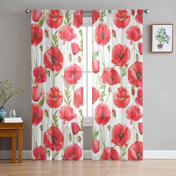 Cortinas Transparentes De Flor De Amapola Roja Acuarela Para DecoracióN De Sala De Estar Cortinas De Ventana Para Cocina Cortinas De Tul Voile Organza W135 X H137Cm X1-image