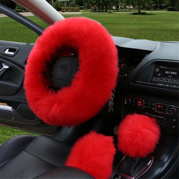 3 Unids/Set Protector De Piel Para Volante De Coche Lana De Color Rojo Chino Esencial De Invierno-image