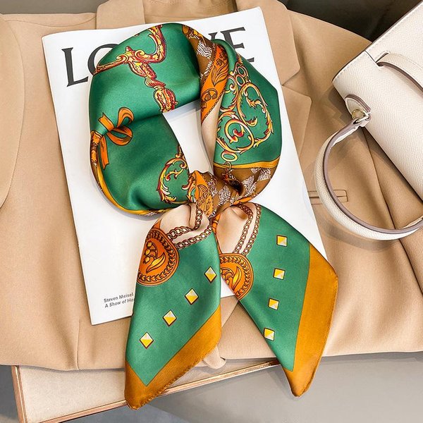 Kwiatowy Jedwabny Kwadratowy Szalik Damski Satynowy Szal Owijka HidżAb Damska Opaska Na WłOsy Nadgarstek Luksusowy Chustka Na GłOwę 70*70Cm Szalik Bandana-image