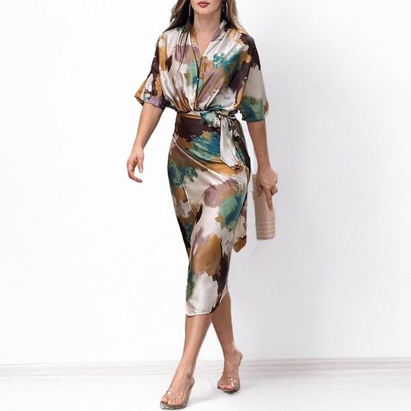 Vestido De Primavera Para Mujer Producto Nuevo Elegante Estampado Cuello En V Encaje Ajustado A La Cintura Vestido Delgado 2XL White-image