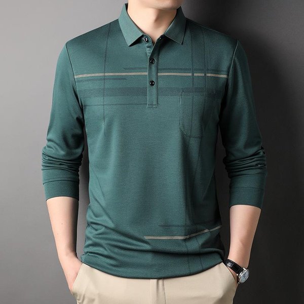 OtoñO Invierno Hombre Camiseta Manga Larga Moda Casual Cuello Polo Rayada Camiseta Polo Papá Conjunto De Hombre Camiseta Base Top Camiseta Hombre Xxxl-image