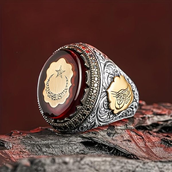 Anillos Retro Turcos Hechos A Mano Para Hombre Anillos Vintage Con PatróN De Estrella Luna Tallada Zirconia Roja Rock Punk JoyeríA IsláMica Musulmana Para Boda 7 Beige-image