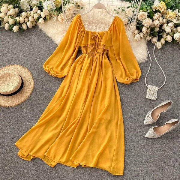 Szykowna Elegancka Sukienka Maxi Z Kwadratowym KołNierzykiem Damska Solidna Szyfonowa Sukienki Z Bufiastymi RęKawami KoreańSkie Sukienki W Stylu Vintage Z Falbaną Vestidos One Size żółTy-image
