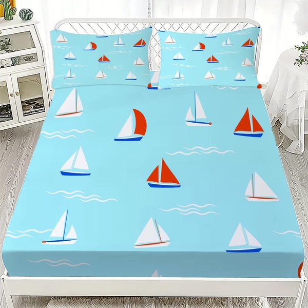 Nuevo NáUtico OcéAno Velero EspíRitu Del OcéAno SáBana Bajera Ajustable TamañO King Queen Individual Juego De SáBanas Bajeras Ajustables Con Funda De Almohada Adolescentes NiñOs Regalo 90X190X40Cm 2Pcs White-image