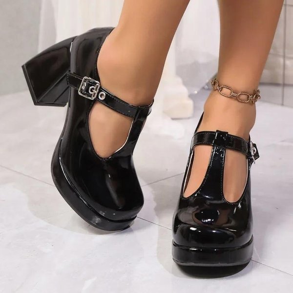 Buty Damskie Mary Janes Damskie Wysokie Obcasy Plus Size CzółEnka Do Sukienki Damskie OkrąGłY Nosek Pasek Z Klamrą Grube Obcasy Buty Damskie 34 Black-image