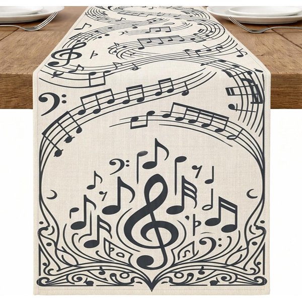 Mantel Individual De Lino Con Notas Musicales Vintage DecoracióN Para Fiestas NavideñAs Reutilizable DecoracióN Para Mesa De Comedor De Cocina De Estilo RúStico Decoraciones De Boda 150X33Cm-image