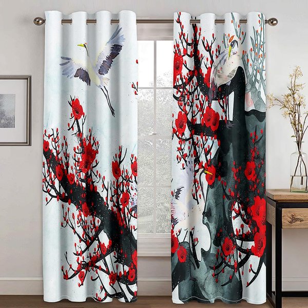 2 Piezas Rojo Flor De Hoja Grande Cortinas Finas De PoliéSter Semisombreado Para Tratamientos De Ventana De Sala De Estar Cortinas Con Ojales EnvíO Gratis 2X67W185H(Cm)53X73In&Grommet Top-image