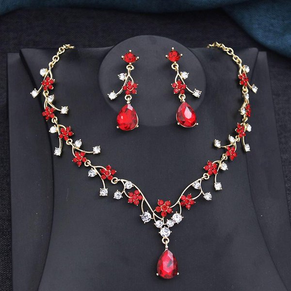 Zestawy BiżUterii ŚLubnej Z Cyrkoniami W KształCie Kropli Wody I Kwiatu Dla Kobiet Zestaw KolczykóW I Naszyjnika Choker Zestawy BiżUterii ŚLubnej Zestaw 3 Sztuk Prezenty-image