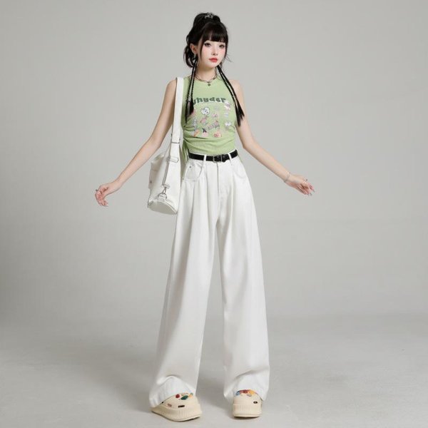 Jeans Blancos Para Mujer En Verano Finos De Cintura Alta Sueltos Pantalones De Pierna Ancha Extensa Para Mujer En Verano Jeans De Tejido Tri-Prueba Para Mujer XXL-image