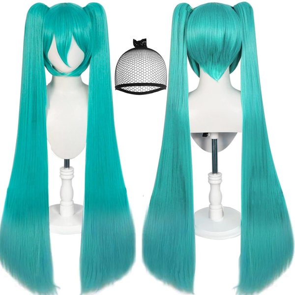 Peluca SintéTica Larga Verde Con 2 Coletas Para Mujer Pelucas Largas Lisas Con Flequillo Para Cosplay Peluca Para Fiesta De Halloween Verde-image