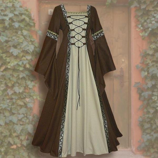 Moda Damska Vintage Celtycka Sukienka śRedniowieczna Z DłUgim RęKawem DłUgość PodłOgi Renesansowa Gotycka Sukienka Cosplay Kostium Na Halloween Xxxl Khaki-image