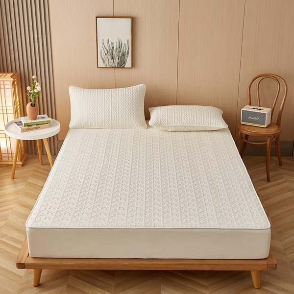 Pokrowiec Na Materac Z Grubej BawełNy, Pikowany Dopasowany Ochraniacz Na Materac, Hipoalergiczny MięKki Materac Nawierzchniowy 140/160/200X200Cm 2Xpillowcase 48X74Cm Beige-image