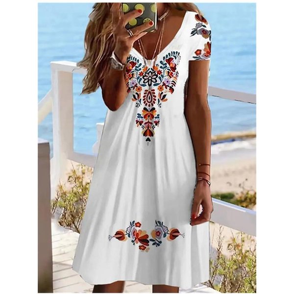 Damska Letnia Sukienka Z KróTkim RęKawem I Dekoltem W Serek, Swobodna, 3D, W Kwiaty W Stylu Vintage, Elegancka, Do Kolan, S-3XL, Damska Vestidos 7XL-image