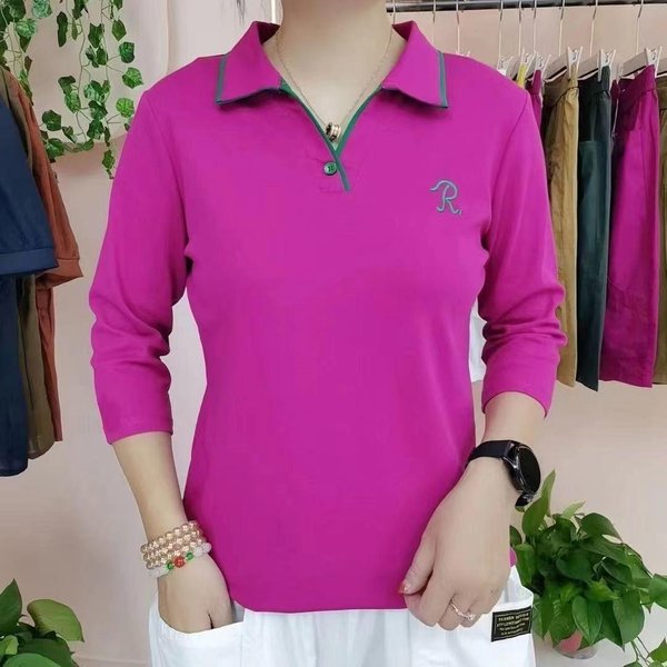 Camiseta Inferior Para Mujer De Talla Grande Holgada De OtoñO De Manga Larga Para Mujer Con Cuello Polo Bordado Camisa Para Madre De Mediana Edad 5XL Purple-image