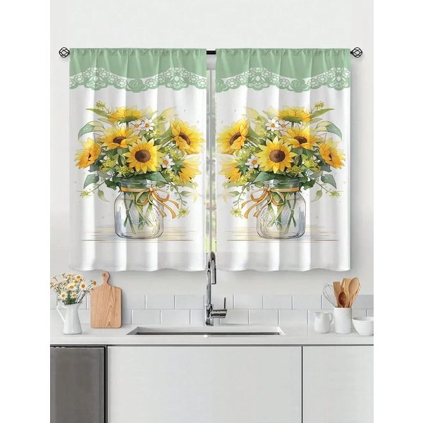 2 Piezas Nuevas Modernas Frescas A Cuadros Girasol ImpresióN Digital DecoracióN Del Hogar Cocina Cortinas Cortas Para Ventana Para Dormitorio Sala De Estar W60Xh100(Cm)X2Pcs&Hook-image