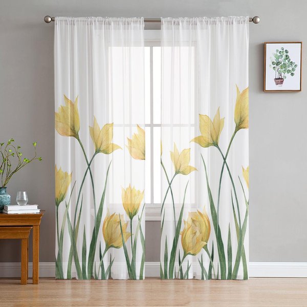 TulipáN Amarillo Flor Blanca Cortinas Transparentes Para DecoracióN De Sala De Estar Cortinas De Ventana Para Cocina Tul Voile Organza Cortinas W135 X H115Cm X1-image