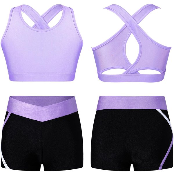 DziecięCe DziewczęCe 2-CzęśCiowe Stroje Do TańCa KróTki Top Z Spodenkami Booty Zestaw OdzieżY Sportowej Gimnastyka Trykot Dancewear 5-6 Years Lawendowy-image