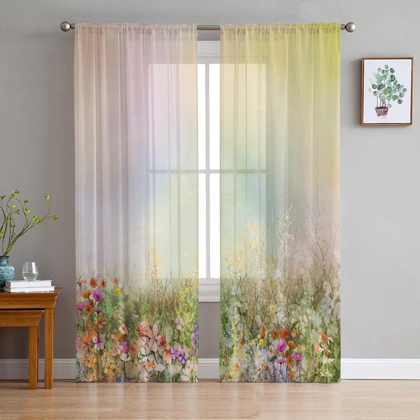 Ramo De Flores Pintura Acuarela Cortinas TraslúCidas Para DecoracióN De SalóN Cortinas De Ventana Cocina Tul Cortinas Voile W135 X H115Cm X1-image