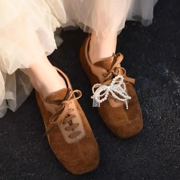 Zapatos Femeninos Con Cordones Zapatos Vulcanizados Para Mujer Zapatillas Para Exteriores Para Mujer Punta Redonda Lentejuelas Lazos Zapatos Casuales Para SeñOra 40 Brown-image