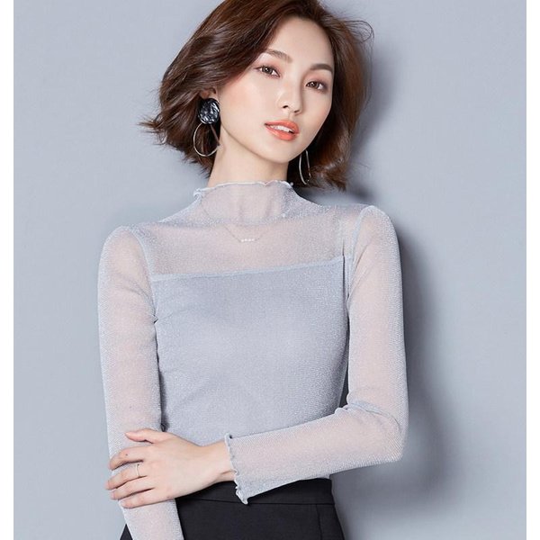 Camiseta Base De Malla Transparente De Seda Brillante Para Mujer Manga Larga Nuevo Estilo Primavera Y OtoñO Cuello Medio Alto Camiseta Transparente Seda Brillante Corta M Gray-image