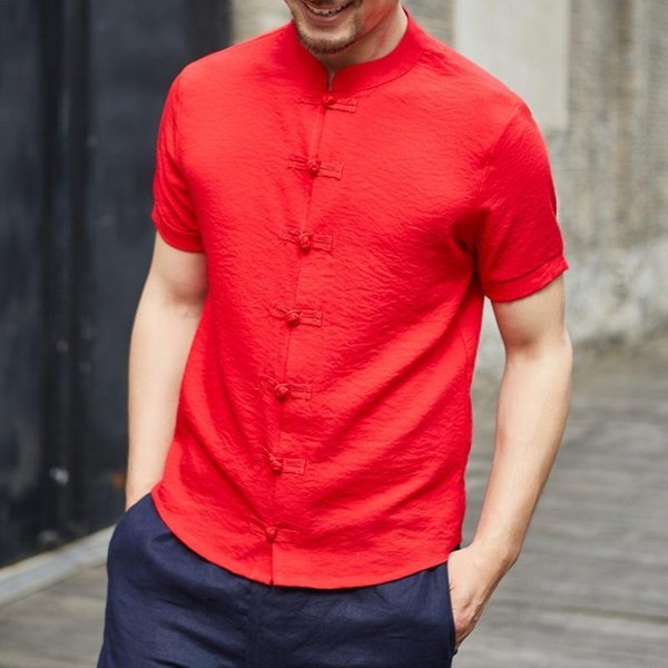 Camisa De Manga Corta Para Hombre Verano 2024 Estilo Chino BotóN De Rana Cuello Alto Talla Grande L Rojo-image