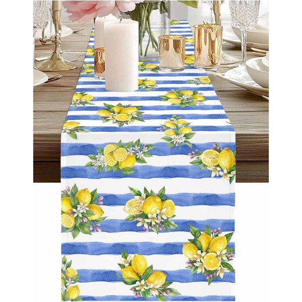 Akwarela Cytryna Niebieskie Paski Len BieżNik Na Stół Dekoracja Imprezowa Wielokrotnego UżYtku Kuchenny BieżNik Na Stół Jadalny Dekoracje ŚLubne 150X33Cm-image