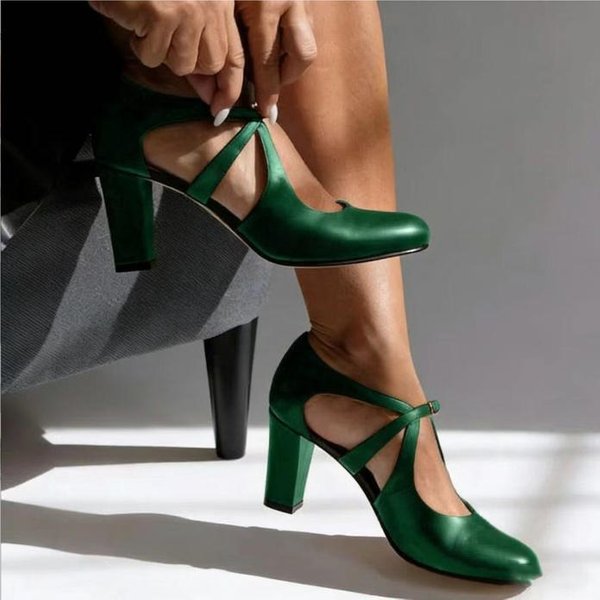 Producto De Primavera Y OtoñO Elegantes Tacones Altos Punta Redonda 40-43 Correa Con Hebilla Zapatos De SalóN Grandes Para Mujer 39 Verde-image