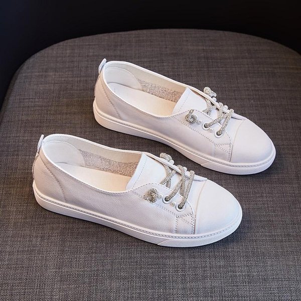 Primavera Y Verano Nuevo Estilo Coreano Combinable Cuero Genuino Zapatos Blancos Zapatos Planos De Cuero Vacuno De Primera Capa Para Mujer 38 Blanco-image
