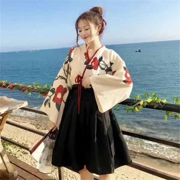 Kimono Dziewczyna Sakura JapońSki Kwiatowy WzóR Vintage Sukienka Kobieta Orientalna Kamelia MiłOść Kostium Haori Yukata Azjatyckie Ubrania 2XL Black-image