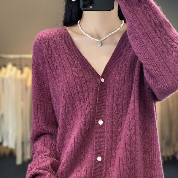 Damski Kardigan Z Dekoltem W Serek I SkręCanym Wzorem Kwiatowym Na Jesień I Zimę. LuźNy Dzianinowy Kardigan Z DłUgim RęKawem, Jako Sweter, Kurtka, Top XXL Pink-image