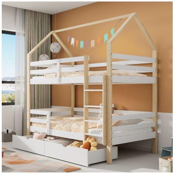 Cama Infantil - 90 X 200 Cm - Blanco + Color Madera - Con Cajones - Segura Y EcolóGica-image