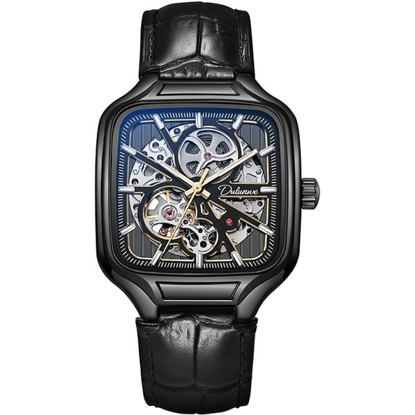 Relojes MecáNicos AutomáTicos Luminosos De Esfera Cuadrada Dulunwe Reloj Esqueleto Hombre Moda Reloj De Pulsera De Acero Inoxidable Leather Gray-image